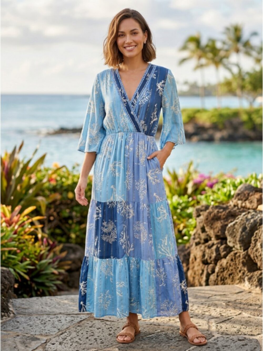 Iva Indiana Blue Boho Patchwork Coral Floral Print Kimono Sleeve Maxi Dress NWT